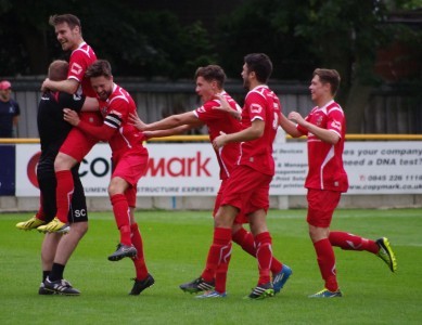 Colne celebrate Ben Hoskin's goal which broke Tadcaster's resistence