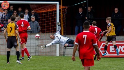 Kieran Thompson heads home the winner for Ossett. Picture: Mark Gledhill