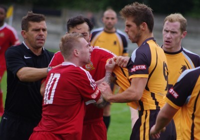 Handbags: Albion's Connor Bower and Town's Chris Ovington go at each other like rutting stags in the Ossett derby in August 