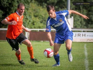 Alex Low was unfortunate to score an own goal in Harrogate's defeat at Mossley. Picture: Caught Light Photography