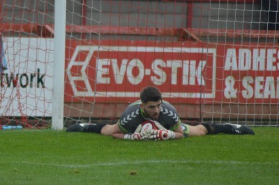Stocksbridge goalkeeper David Reay went off injured at half-time at Harrogate Railway. Picture: Gillian Handisides