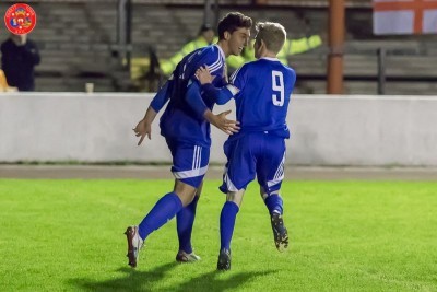Akeroyd celebrates his goal with David Brown. Picture: Mark Gledhill