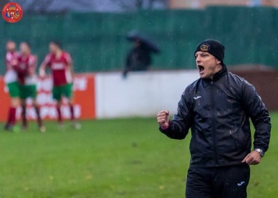 Harrogate manager Lee Ashforth celebrates one of his side's goals. Picture: Mark Gledhill