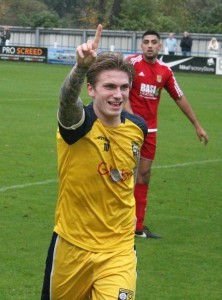 Tadcaster's George Conway celebrates one of his three goals in the 4-4 draw with Albion Sports. Picture: Keith Handley