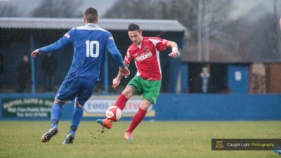 Dan Thirkell was denied a penalty during Harrogate Railway's 3-1 defeat at Farsley Celtic. Picture: Caught Light Photography
