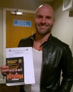 Mark 'Willy' Wilson was presented with a commemorative team sheet by Handsworth Parramore after his 950th career appearance in Retford United's 3-1 defeat at Sandy Lane.