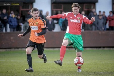 Dan Barrett in action for Harrogate during the 4-2 defeat to Prescot Cables. Picture: Caught Light Photography