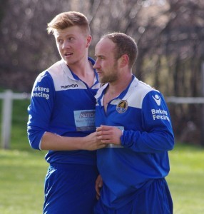 Del Pollock celebrates his first half equaliser with Kris Fawcett (left)