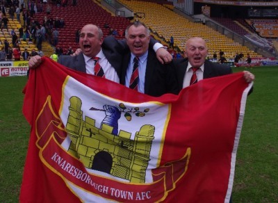 Terry Hewlett (centre) after Knaresborough won the NCEL League Cup in 2014 at Valley Parade, one of the club's finest moments