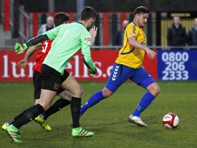 Stocksbridge striker Scott Ruthven pounces to score after a mix-up in Sheffield's defence during April. Picture: Ian Revitt