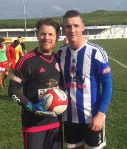 Matt Dempsey (left, with Oscar Radford) saved a penalty during his stand-in slot as Shaw Lane Aquaforce's goalkeeper