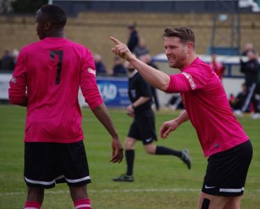 Gavin Allott puts the thumbs-up to corner taker Matt Thornhill during Shaw Lane Aquaforce's win at Rugby 