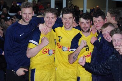 Tom Corner, Dan Clayton, Andy Milne, Carl Stewart celebrate promotion