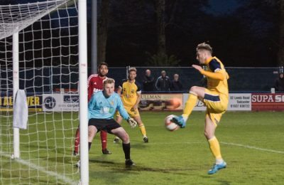 Josh Greening scores the winner for Tadcaster. Picture: Ian Parker 