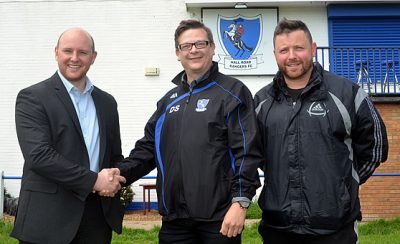 Hall Road chairman Darren Sunley (centre) welcomes Dave Ricardo (left) and Bill Gill
