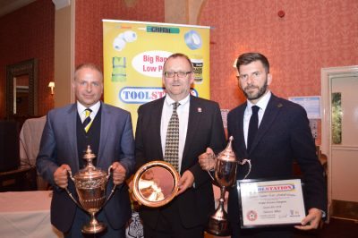 Evo Stik bound Tadcaster Albion were waved off and owners Matt Gore (left) and Jimmy Gore (right) collected their silverware from Toolstation's Neil Carroll. Picture: thebootifulgame