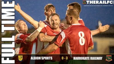 Steve Bromley celebrates one of his goals in Harrogate Railway's 3-0 FA Cup win at Albion Sports. Picture: Caught Light Photography