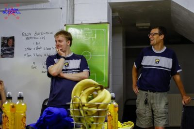 Garforth Town chairman Brian Close (right) and Legends manager James Grayson laugh during the pre-match talk which Ralph watched over