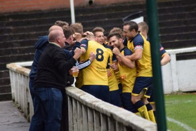 Tadcaster celebrate Tom Corner's winner. Picture: Matthew Appleby