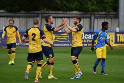 The Greening brothers celebrate Josh's early goal for Tadcaster. Picture: Matthew Appleby