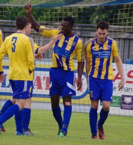 Goole AFC striker Curtly Martin-Wyatt (centre), pictured celebrating a goal for Garforth