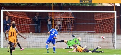 Jordan Connerton's goal for Lancaster. Picture: Adam Hirst