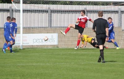Luke McCrum scoring his first goal in semi-professional football at Winterton, while playing for Knaresborough in August 2015. Picture: Craig Dinsdale 