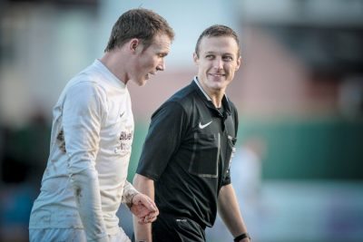 Referee Aaron Bannister in action during Harrogate Railway's 5-1 win over Maltby Main. Picture: Caught Light Photography