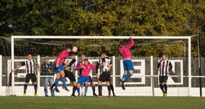 Luke McCrum heads the ball down for Lee Turner's goal in Garforth's 2-0 win at Athersley. Picture: thesaturdayboy.co.uk