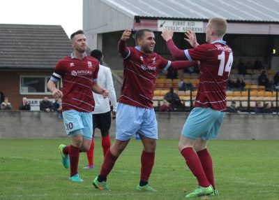 Ash Flynn celebrates during AFC Emley's 3-1 win over Yorkshire Amateur. Picture: Mark Greaves