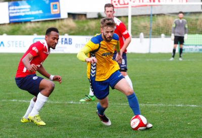 Corey Gregory on the attack for Stocksbridge during the 3-2 to Rushden. Picture: Peter Revitt